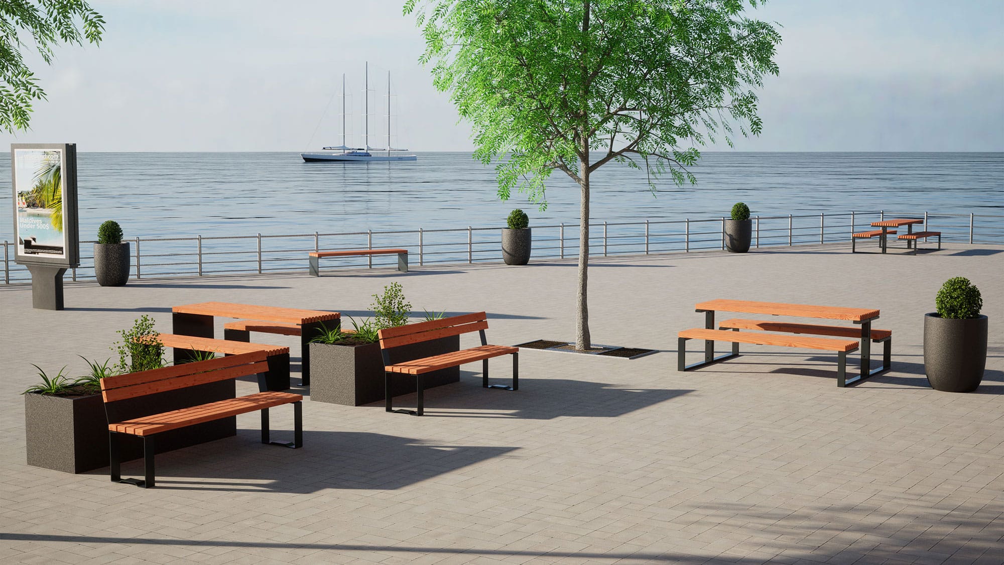 Öffentlicher Platz an der Küste mit Tisch Bank Kombinationen, Bänken und Pflanzengefäßen