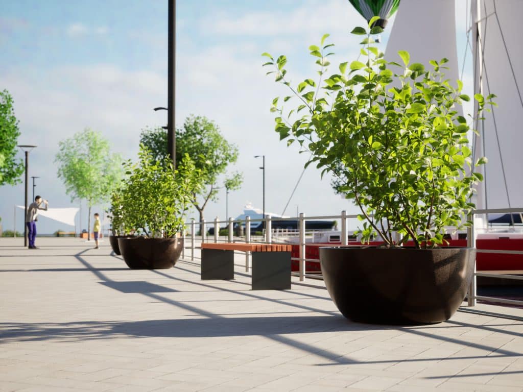 Große moderne Pflanzengeräße mit Bäumchen bepflanzt an der Uferpromenade